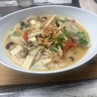 Tom yum dumpling soup  at Downtown - Vegan Garden Restaurant in Chiang Mai
