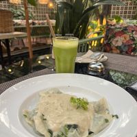 Spinach stuffed ravioli with mushroom sauce. Unreal!!  at Downtown - Vegan Garden Restaurant in Chiang Mai