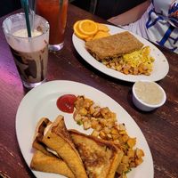 Monte Cristo with chocolate peanut butter milkshake and the steak and eggs with an extra spicy bloody Mary at The Chicago Diner - Lakeview in Chicago