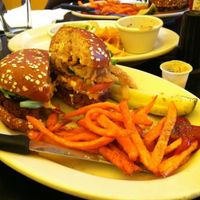 'Bacon' Cheezeburger Deluxe with Sweet Potato Fries at The Chicago Diner - Lakeview in Chicago