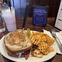 Radical Reuben (vegan cheese) waffle fries, and strawberry shake  at The Chicago Diner - Lakeview in Chicago