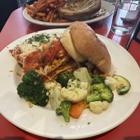 vegan lasagna bolognese with garlic bread and seasoned vegetables   at The Chicago Diner - Lakeview in Chicago