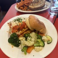 vegan lasagna bolognese with garlic bread and seasoned vegetables   at The Chicago Diner - Lakeview in Chicago