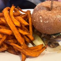 cajun black bean burger with sweet potato fries as a side   at The Chicago Diner - Lakeview in Chicago