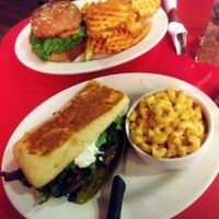 PORTABELLO TRUFFLE MELT with Mac & Teese. (Some of the best mac i've ever eaten.) & THE TITANIC BLT BURGER with waffle fries. at The Chicago Diner - Lakeview in Chicago