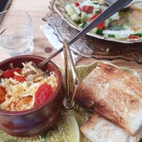 Baked cheese and mushrooms at Bizou Cafe in Corfu