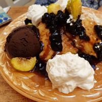 Sweet pancakes with cherries at Bizou Cafe in Corfu