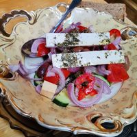 Greek salad with vegan feta at Bizou Cafe in Corfu