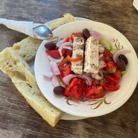 Greek salad - best vegan feta ever! at Bizou Cafe in Corfu