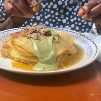 Pistachio pancakes at Bizou Cafe in Corfu