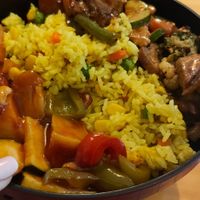 Pumpkin seed fried rice, sweet and sour chicken and black bean tofu at Root Vegetarian in Cairns