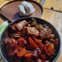 BBQ and black bean tofu, BBQ bun (in the back) at Root Vegetarian in Cairns
