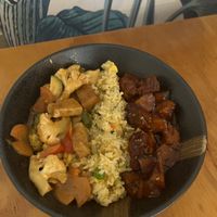 Satay tofu, curry rice and bbq pork   at Root Vegetarian in Cairns