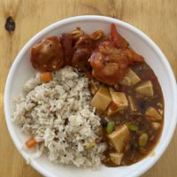 Fried veggie rice with Mapo Tofu and Sweet and Sour “chicken" at Root Vegetarian in Cairns