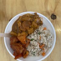 Fried veggie rice with Curry Tofu and Sweet and Sour “chicken" at Root Vegetarian in Cairns