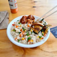 Rainbow Fried Rice, Sweet and Sour 'Chicken', and Smokey Chicken. Yum! at Root Vegetarian in Cairns