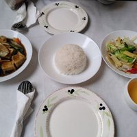 Left to right: Sautéed beancurd, rice, and vegetables with jasmine tea at Jade Garden in Weymouth