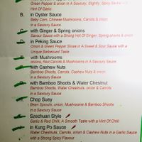 Main Chinese Dishes on the menu; Bean Curd, Vegan ‘duck’ and Vegan ‘chicken’ with 11 of the 15 sauce options Vegan (highlighted in green) at Jade Garden in Weymouth