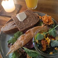 Scramble, facon, and avocado with lentils at Cafe Satchmo in Roskilde