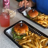 Burger and Fries with homemade tea and rice crispy treat  at Bumbling Bee Vegan Junk Food in Boulder