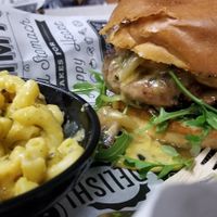 Holt Shiitake with Mac & cheese at Bumbling Bee Vegan Junk Food in Boulder