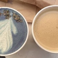 Blue lavender latte and chagaccino  at Coffee And Plants in Pasadena