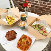 Mushroom and provolone croissant (my favorite!), Just Egg toast, avocado toast, and tomato basil tart   at Coffee And Plants in Pasadena