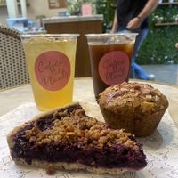Blueberry pie, cherry almond muffin, drinks  at Coffee And Plants in Pasadena