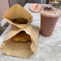 Cookie and mushroom danish and rose iced latte  at Coffee And Plants in Pasadena