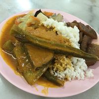Curry with okra, sweet cabbage dish and potatoes with mock meat. at JuFu Vegetarian - Restoran Makan Sayuran in Alor Setar
