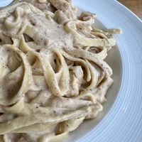 Vegan “chicken” fettuccini Alfredo with cashew based sauce  at Paliottis Westside in Maple Ridge