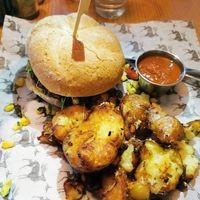 Black bean burger with smashed potatoes at Hunter Gather in Whistler