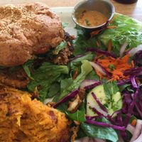 burger, sweet potato mash $ salad at Sluggo's North Vegetarian Cafe in Chattanooga