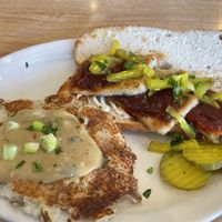 Tofu based bbq sandwich with a side of garlic mashed potatoes   at Sluggo's North Vegetarian Cafe in Chattanooga