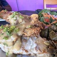 The Dusty Rhodes (pecan dusted seitan) platterr  at Sluggo's North Vegetarian Cafe in Chattanooga