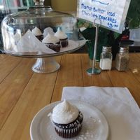 Chocolate coconut cupcake, served with powdered sugar on top! at Sluggo's North Vegetarian Cafe in Chattanooga