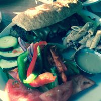 Berliner on wheat with salad and pasta. Yum!  at Sluggo's North Vegetarian Cafe in Chattanooga