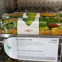 Avocado olives and tomato baguette at Pret A Manger in South Mimms