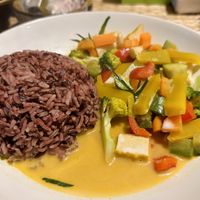 Vegan panang curry with brown rice (80 THB)  at Khao Soi Jitlut in Pai