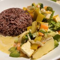 Vegan massaman curry with brown rice (80 THB)  at Khao Soi Jitlut in Pai
