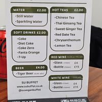 Drinks menu at Su Vegan Buffet in West London
