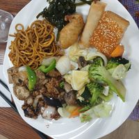 First plate. "Prawn" toast too greasy for me (but husband liked it). Loved everything else. at Su Vegan Buffet in West London