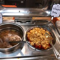 Soup and a Mapu Tofu dish. at Su Vegan Buffet in West London