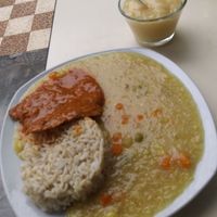 Quinoa, whole grain rice and soy meat with Adobo sauce at Casa Vegetariana Luz y Salud in Lima