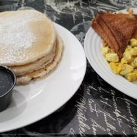 Vegan pancakes, bakon, tofu scramble, hashbrowns, whole wheat toast at Across Broadway Cafe in Hewlett