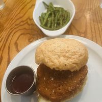 “Chicken” sandwich- they were out of vegan waffles. And the green beans cooked in olive oil were so good!  at The Rarebit in Charleston
