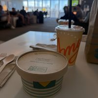 Lentil vegetable soup and non dairy chocolate shake  at SFO - Amy's Drive Thru - T1 in South San Francisco