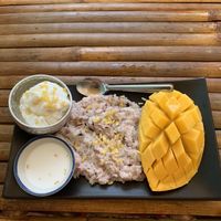 Mango sticky rice with coconut ice cream (vegetarian)  at Kwan's Cookery in Koh Lanta