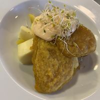 Daily vegan option: Chick pea patties with chili mayonnaise, potatoes and parsnip  at Härmän Rati in Jaervenpaeae