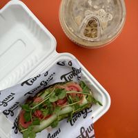 Vegan Avocado Toast and Iced Flat White  at Two Guns in Manhattan Beach